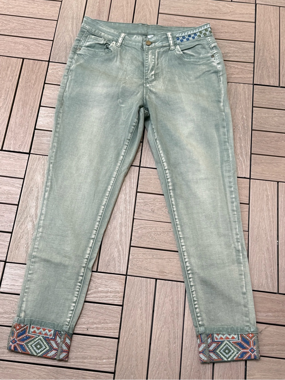 Tempo Paris skinny military green Denim pants with ethnic beaded embroidery